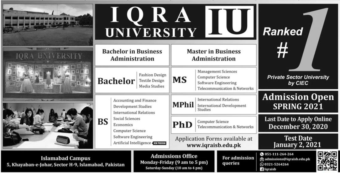 Iqra University Islamabad Bs Ms Mphil Phd Admission Result Pk