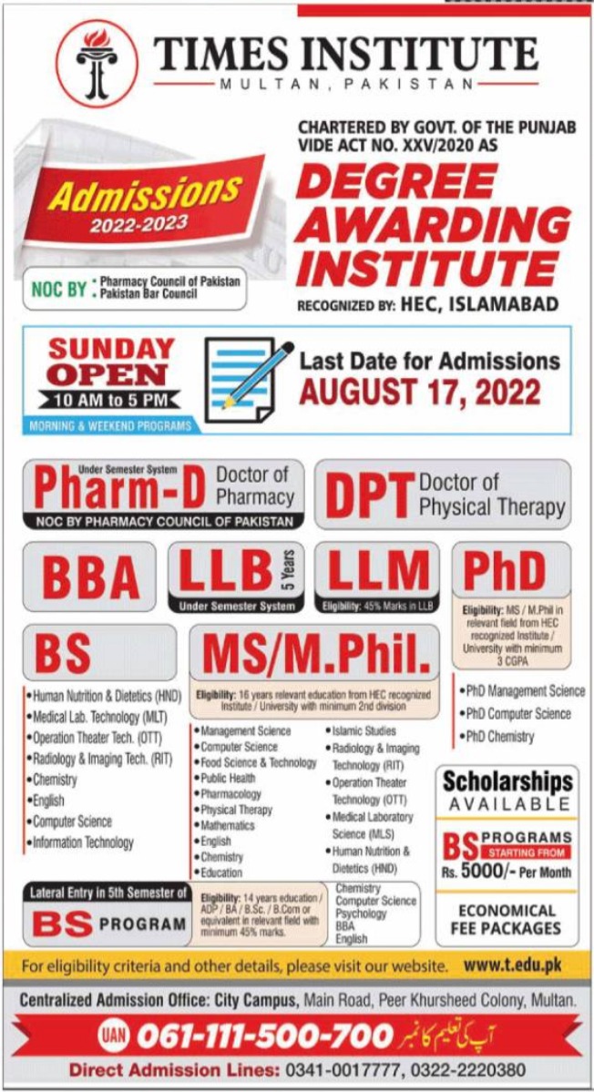 Times Institute BBA LLB LLM PhD Admissions 2022 Result Pk