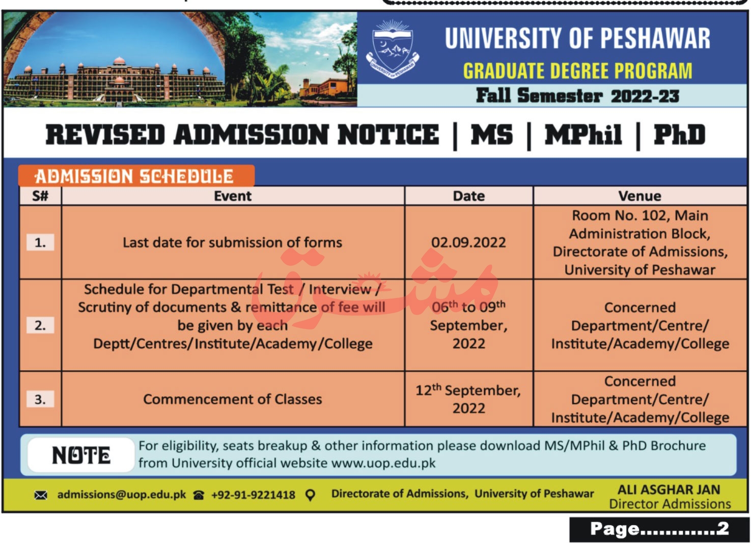 Peshawar University Uop Graduate Degree Program Revised Admissions