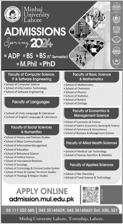 Mul Minhaj University Lahore Adp Bs Mphil Phd Admission Result Pk