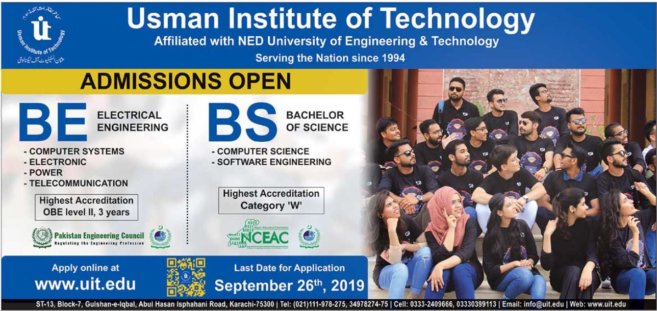 Usman Institute of Technology Admissions 2019