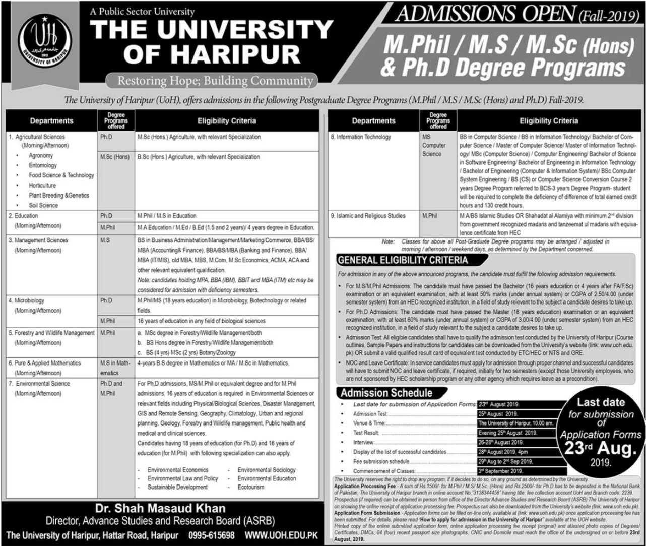 the University of Haripur Admissions 2019