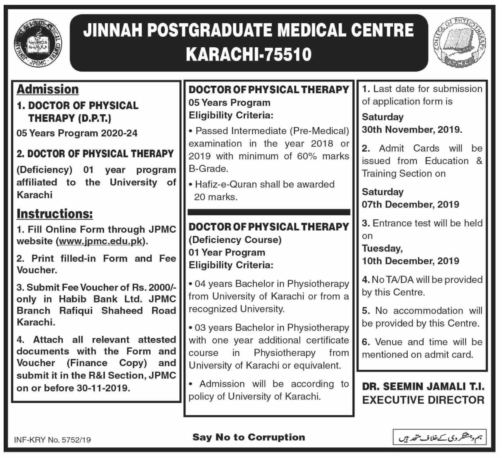 Jinnah Post Graduate Medical Center Admission 2020-2024