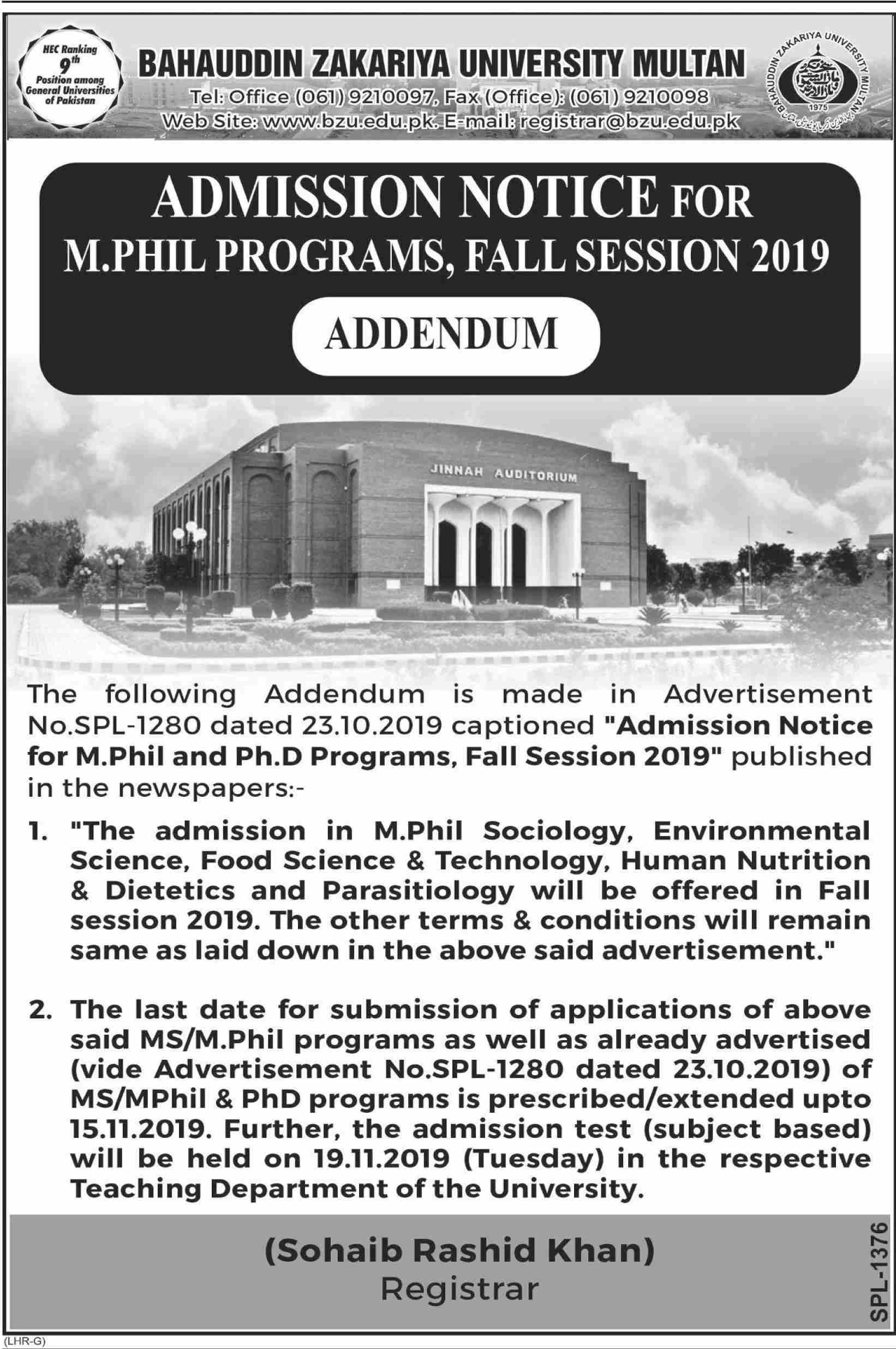 Bahauddin Zakariya University Multan M.Phil Admission 2019