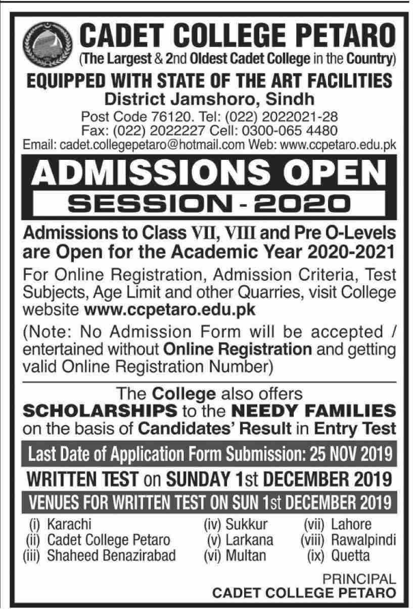 Cadet College Petaro 7th 8th Admission 2020