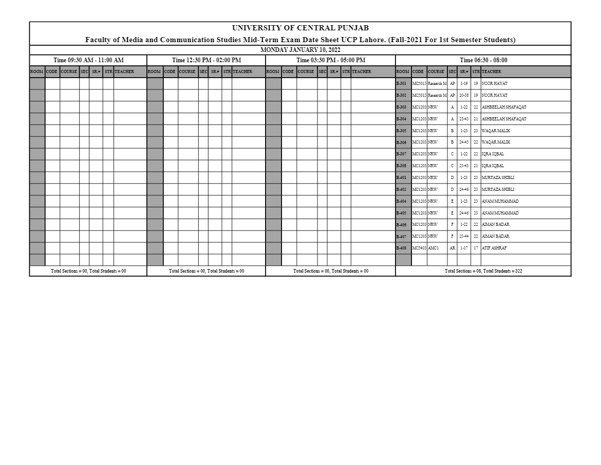 UCP Lhr Media Communication Faculty Sem-I Exam 2021 Schedule Result.pk