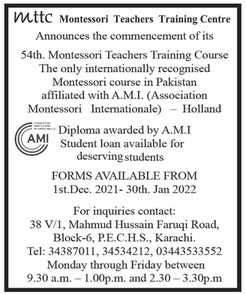 montessori-teachers-training-centre-karachi-admissions-2022-result-pk