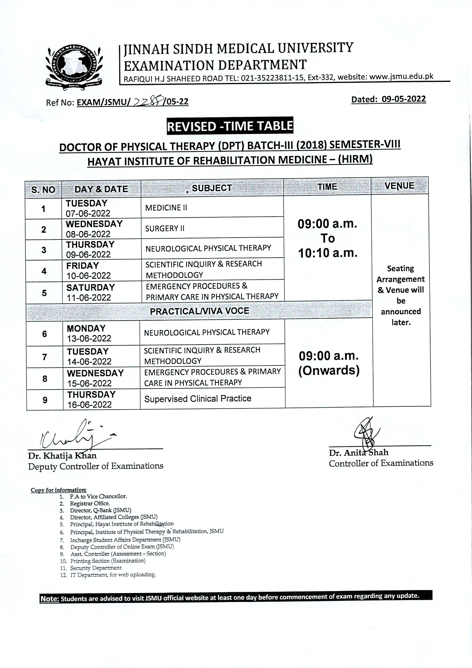 JSMU Karachi DPT Batch-III Exam Revised Date Sheet 2022 Result.pk