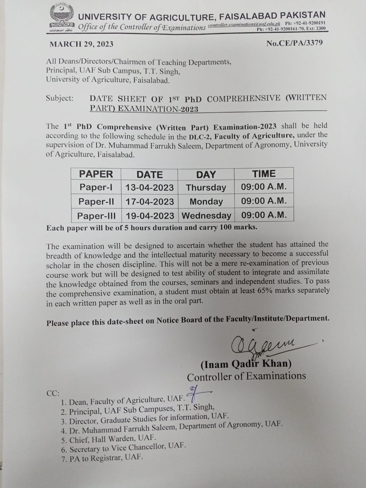 UAF 1st PhD Comprehensive Examination 2023 Date Sheet Result.pk