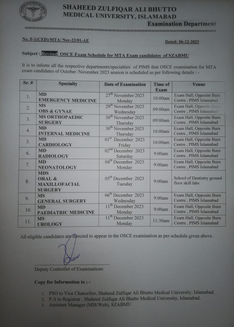 SZABMU OSCE MTA Candidates Revised Exams Schedule 2023 Result.pk