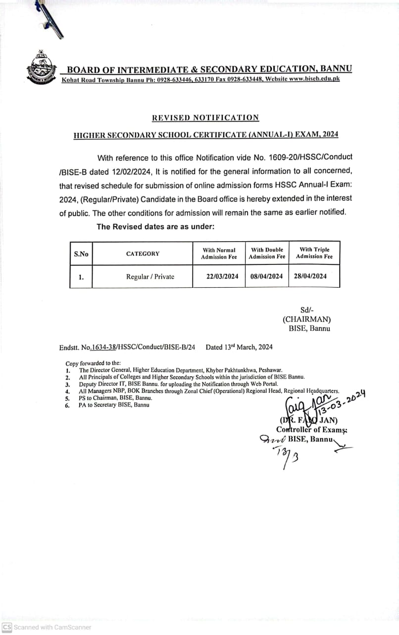 BISE Bannu HSSC 1st Annual Exams 2024 Revised Forms Schedule Result.pk